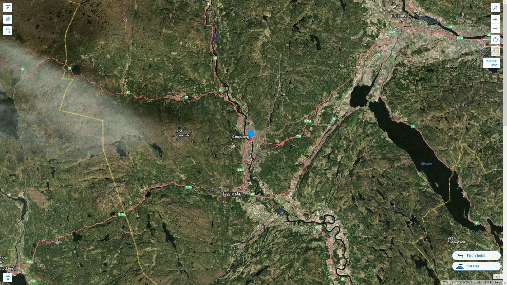 Kongsberg Norvege Autoroute et carte routiere avec vue satellite